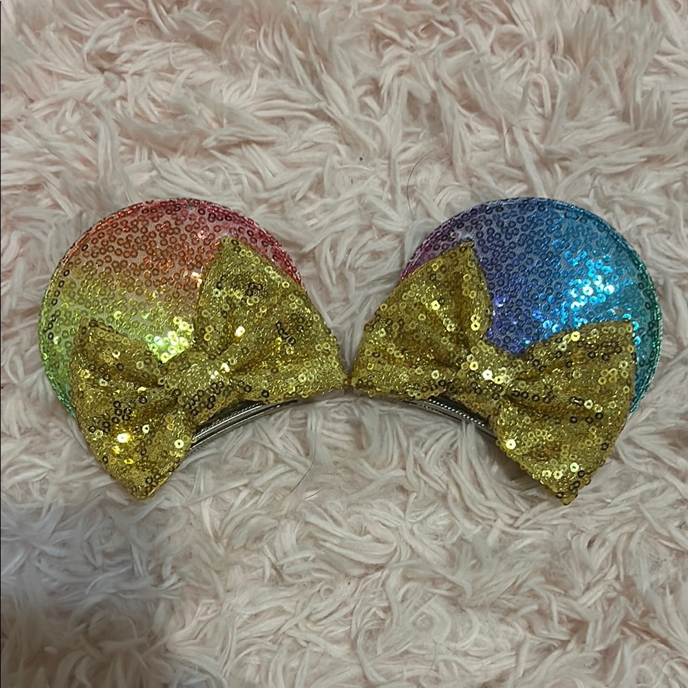 Disney Rainbow Sequin Hair Clips with Gold Bows